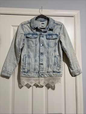 Hand painted Old Navy Denim Jacket with Faded White Wash Lace and Lemons